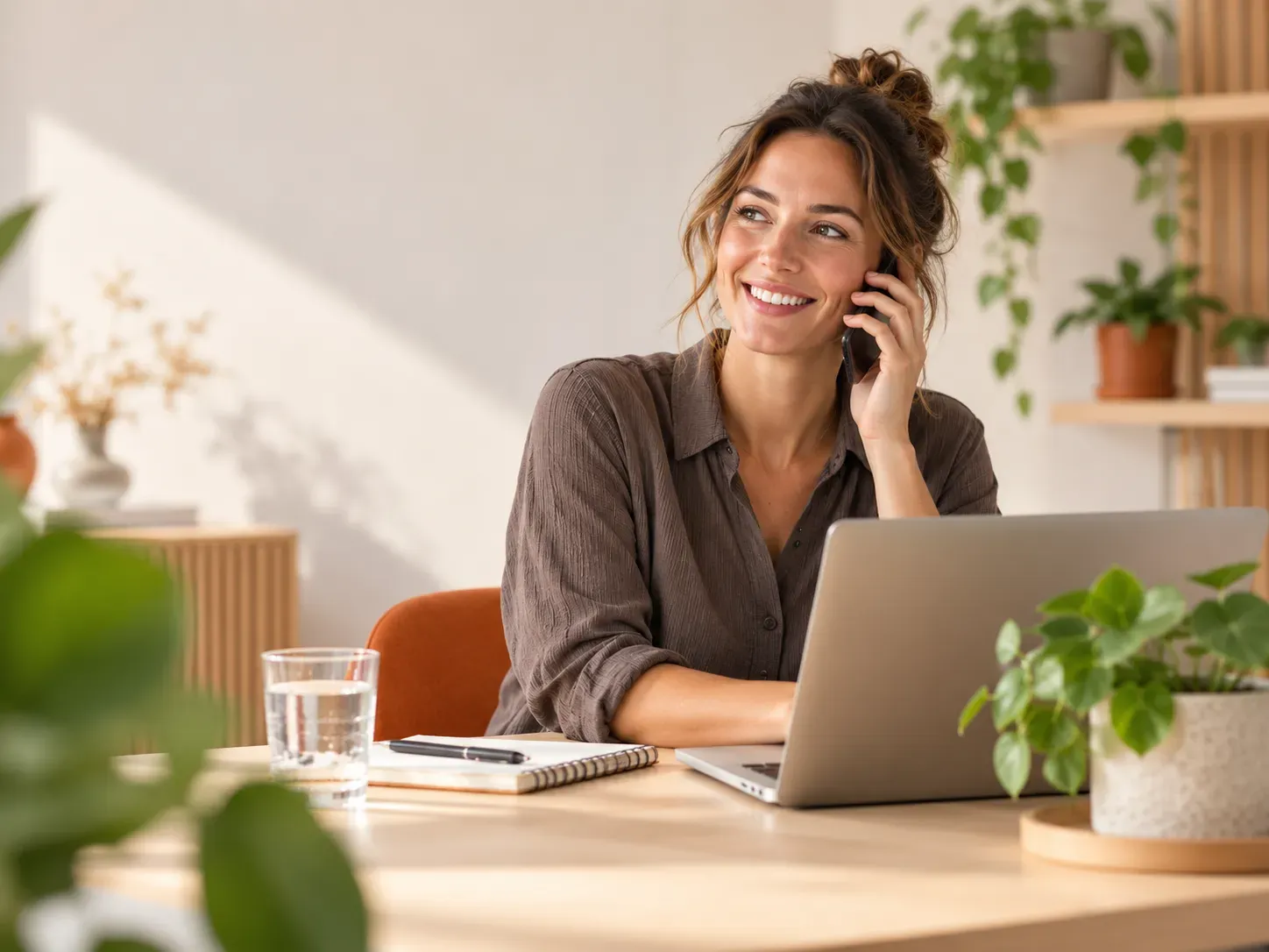 Medewerker van Reuze Gezond beantwoordt telefonisch een vraag achter haar laptop.