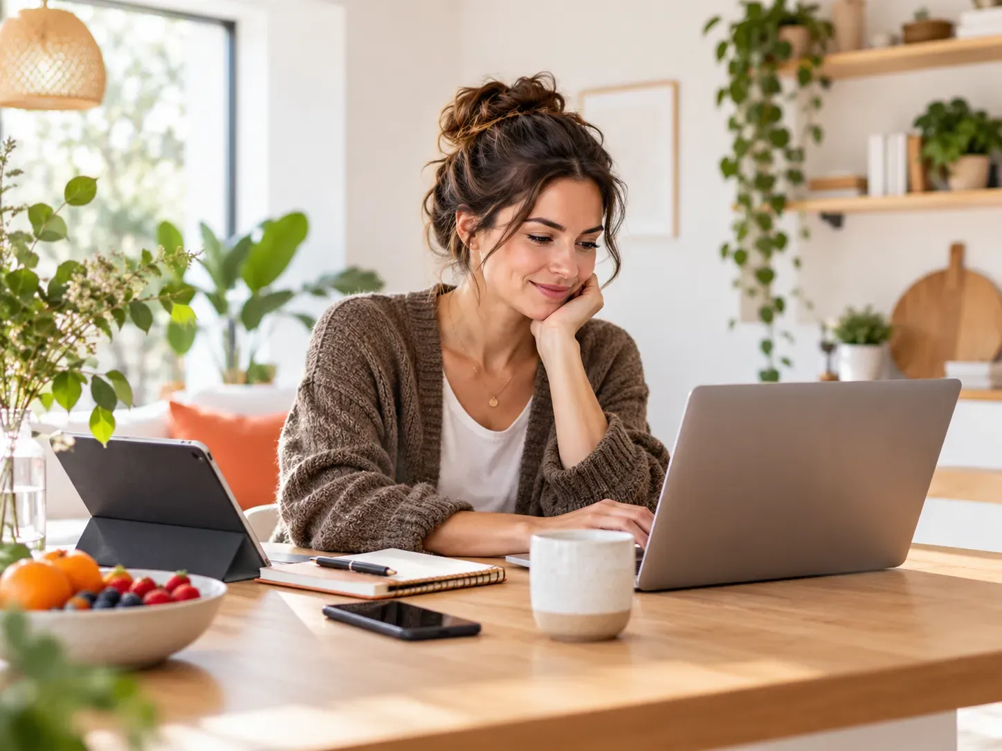Vrouw gebruikt een laptop en tablet om online contact op te nemen met Reuze Gezond.