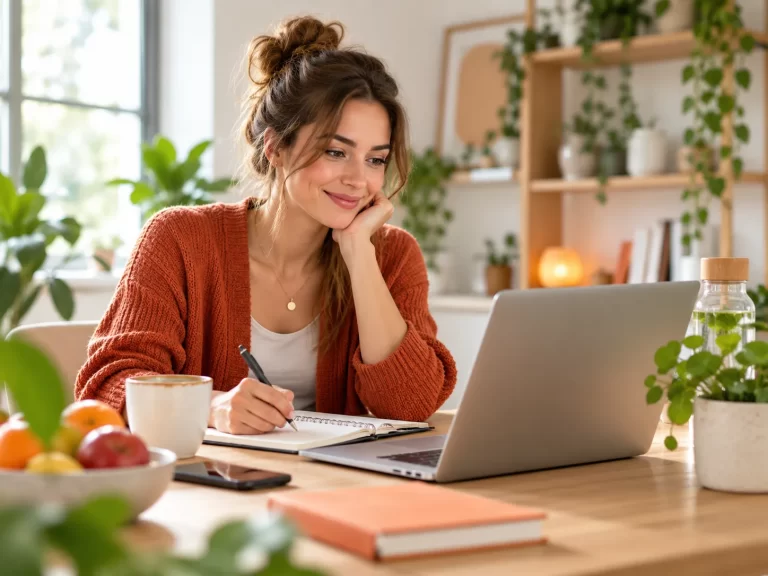 Vrouw zoekt informatie en maakt notities bij veelgestelde vragen over gezondheid en welzijn.