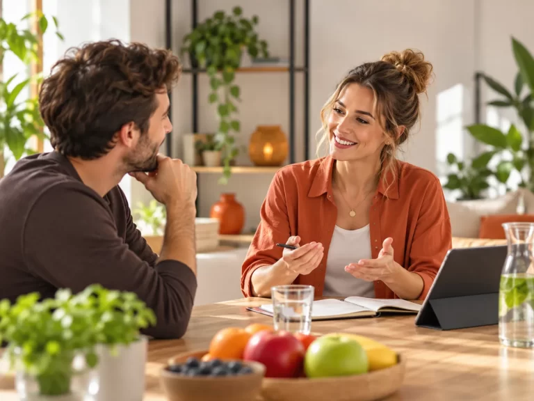 Man en vrouw bespreken samen vragen over gezondheid, leefstijl en welzijn in een rustige omgeving.