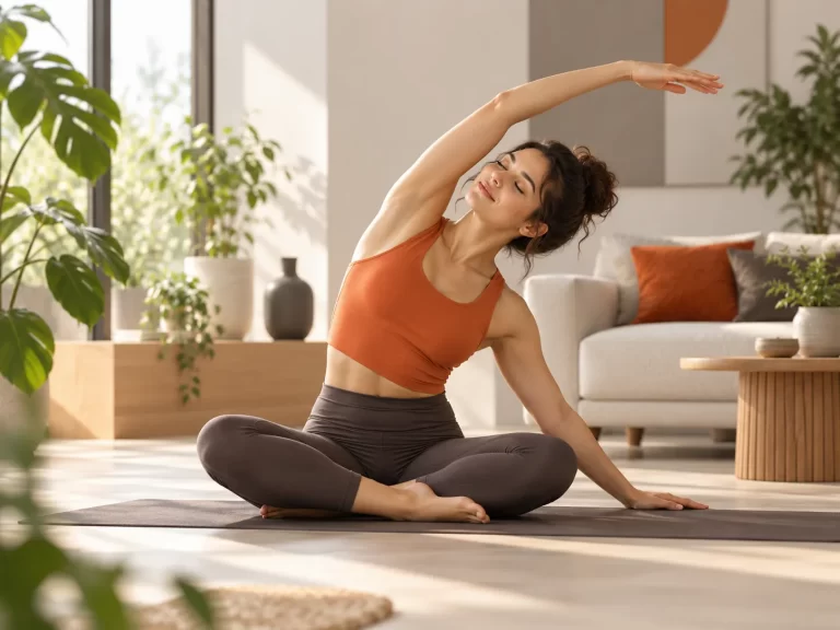 Vrouw doet rustige stretchoefeningen op een yogamat in een lichte woonkamer.