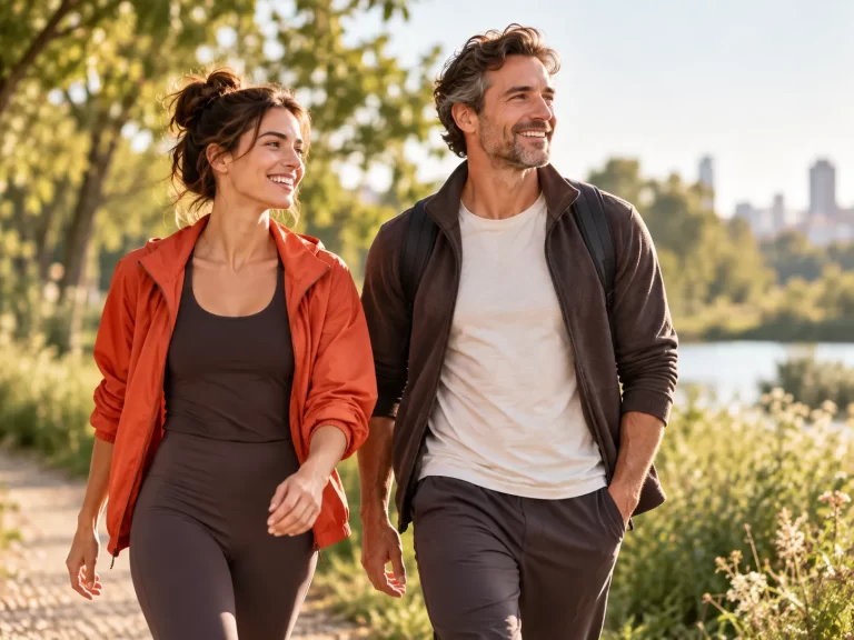 Man en vrouw maken samen een ontspannen wandeling door een groene omgeving.