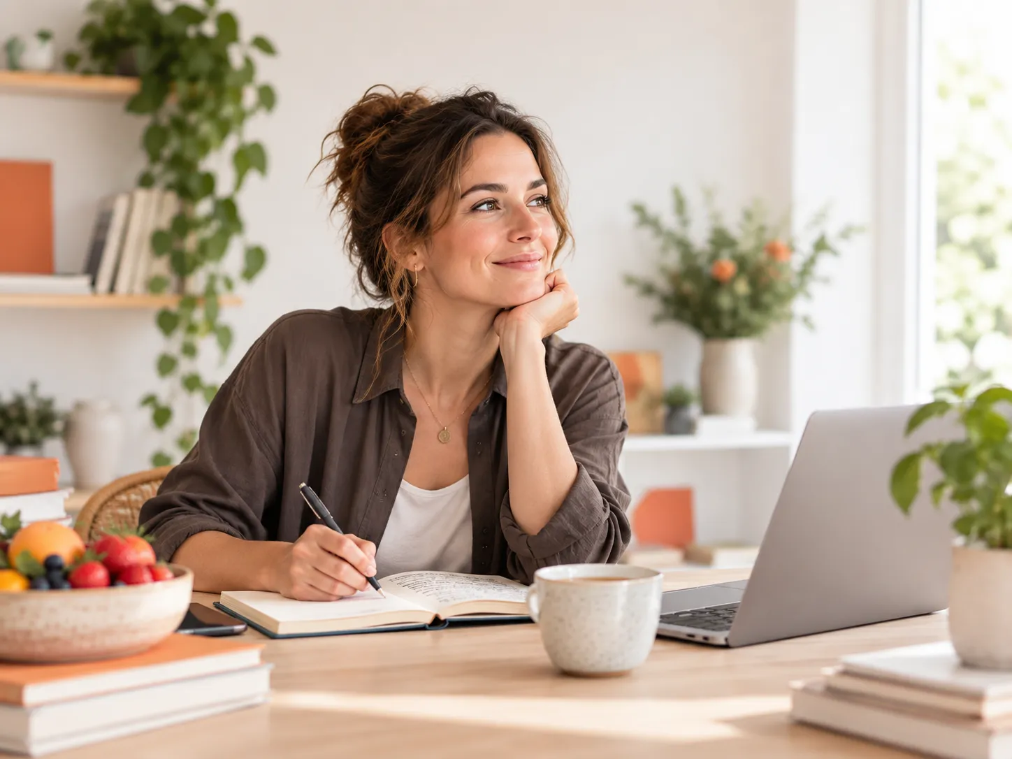 Auteur schrijft aan informatieve content over gezondheid en welzijn in een lichte werkruimte.