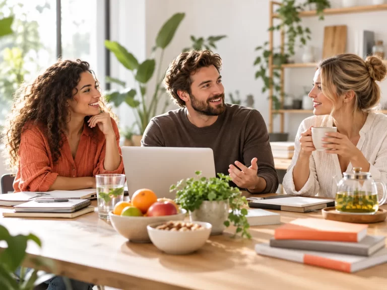 Drie auteurs bespreken samen ideeën voor artikelen over gezondheid, leefstijl en welzijn.